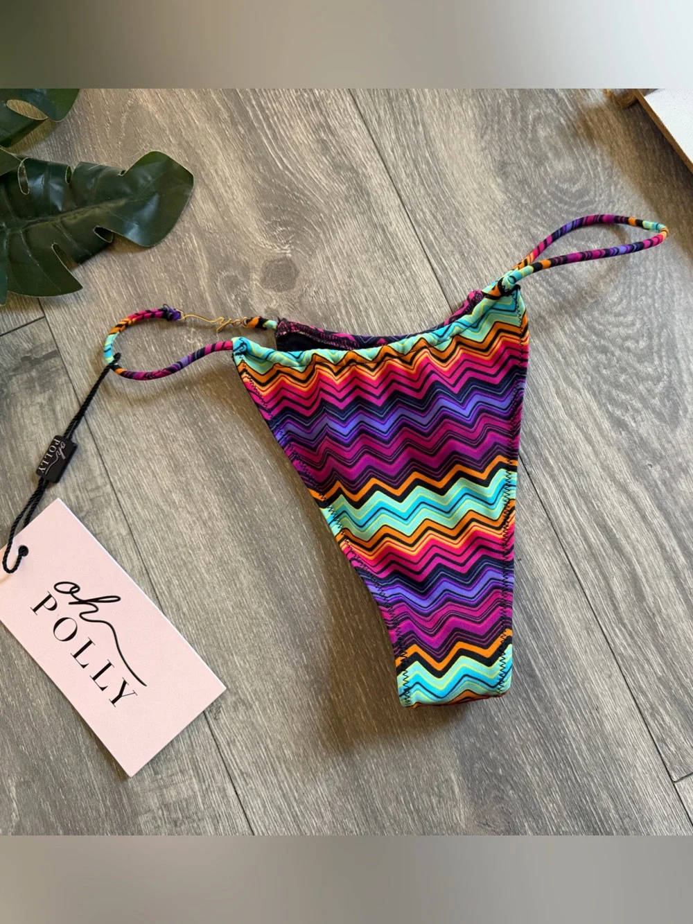 Azure by Oh Polly Swim High Leg Slender Strap Chevron Thong Bikini Bottom XS NWT